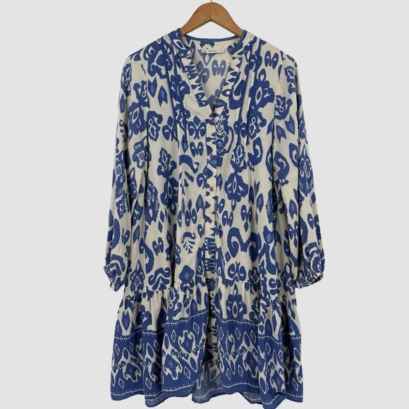 Salty Lemon Boho Print Button Front Tunic Dress in Ivory/Blue | Small - Picture 1 of 7